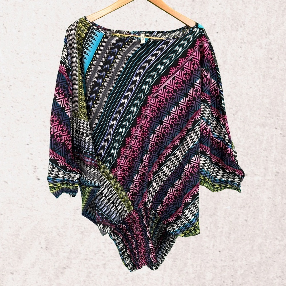 Elan Pink and Blue Asymmetrical Dolman Sleeve Blouse